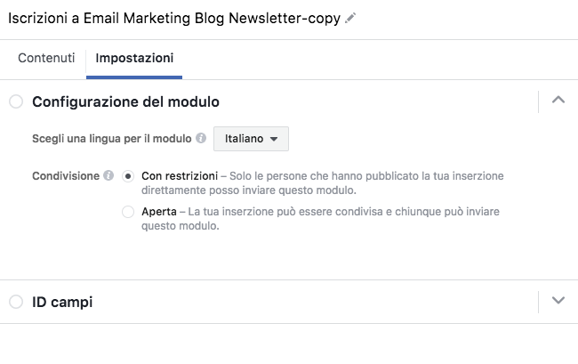 impostazioni modulo
