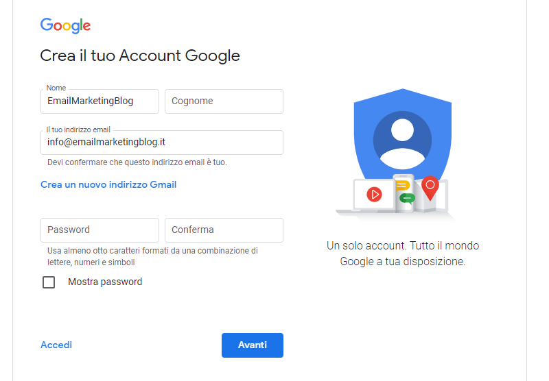 Crea account google
